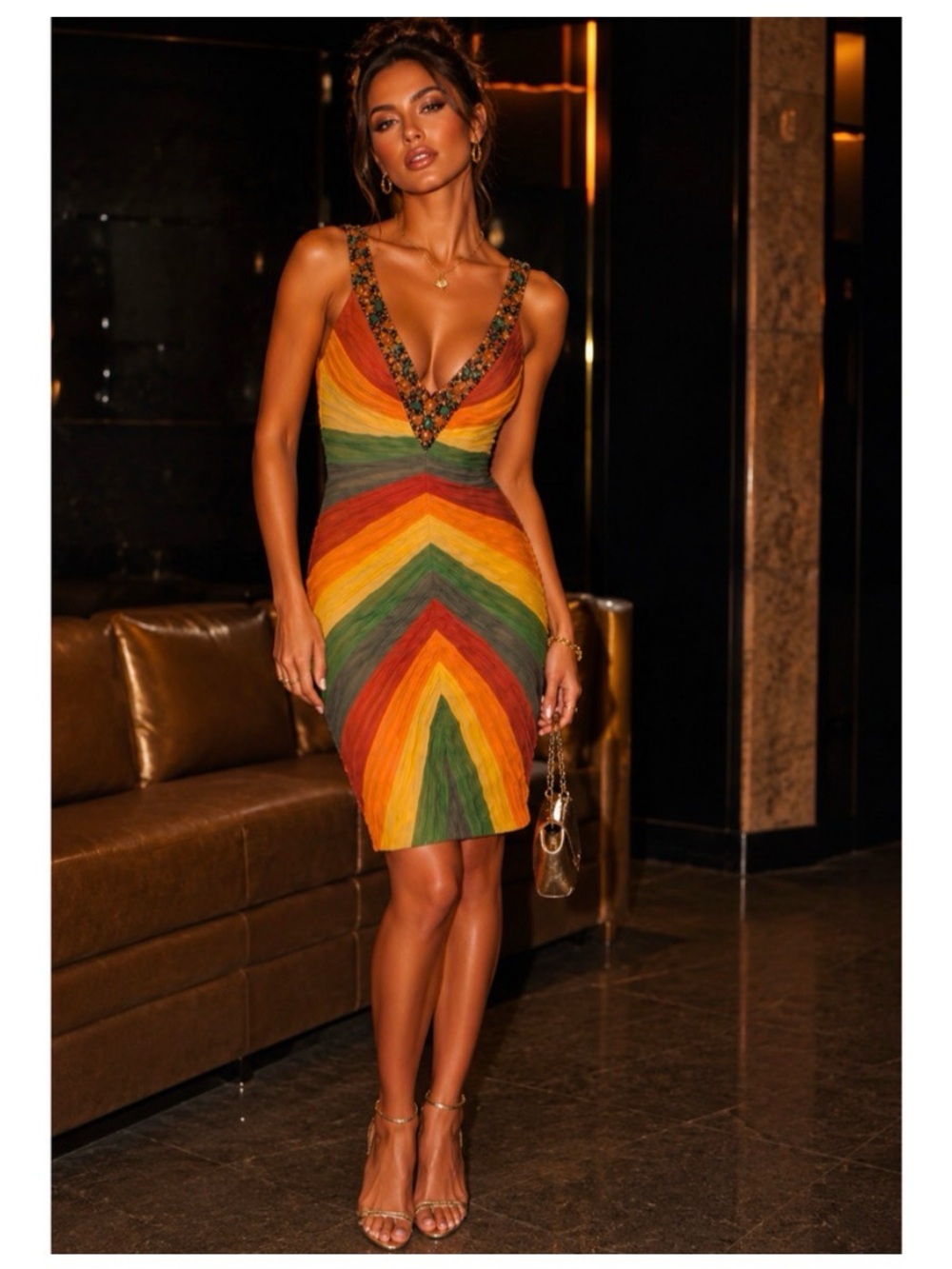 New Mandalay 100% Silk Beaded Rainbow Chevron Sleeveless Dress Multi Cocktail 4